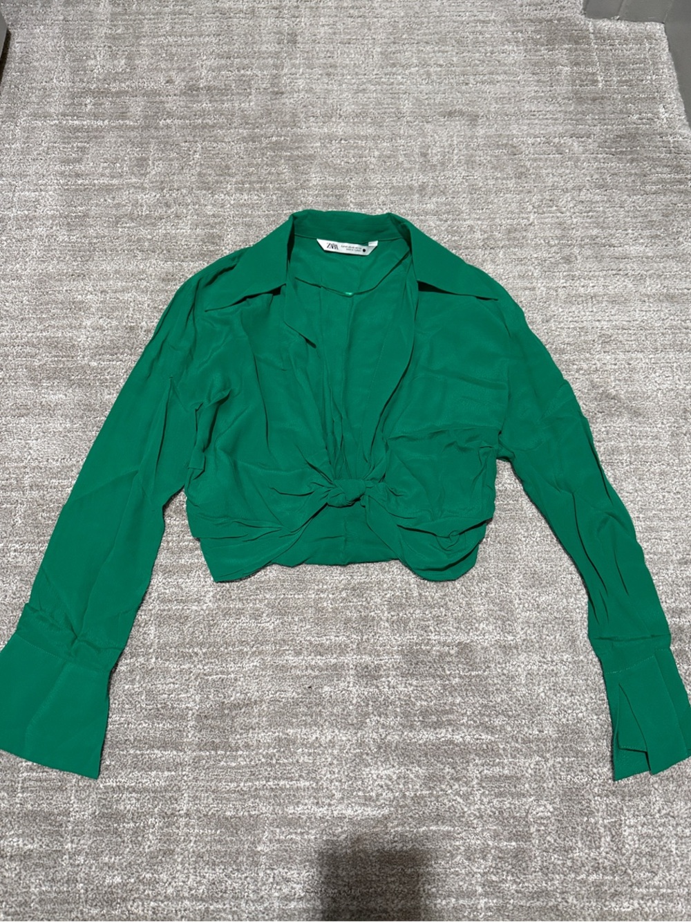 Zara NEW Emerald Green plunge knot Long Sleeve Crop Blouse